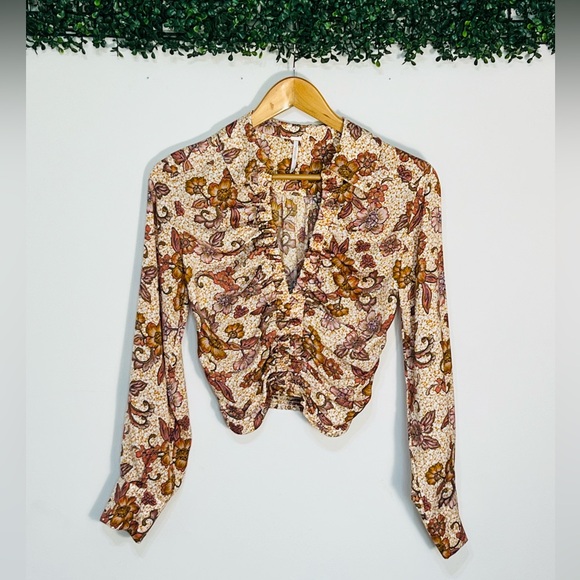 Free People Tops - Free People I Got You Pink Yellow Floral Print Long Sleeve Crop Top Size XS